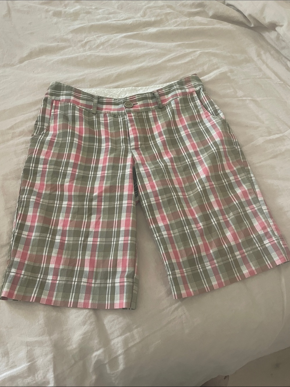 Perseption Pink and Olive Plaid Women's Bermuda Shorts